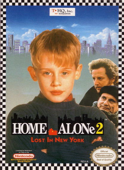 Home Alone 2 Lost in New York Nintendo Entertainment System NES for retro video game enthusiasts featuring action platforming gameplay movie inspired adventure trap setting mechanics enemy avoidance holiday themed challenges classic 8 bit gaming and collectible gaming appeal front cover