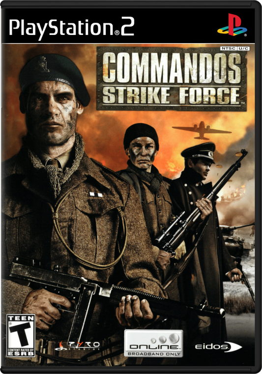 Commandos Strike Force PlayStation 2 PS2 for tactical first person shooter video game fans featuring World War II missions stealth gameplay elite commando squad strategic objectives sniper action espionage infiltration cooperative style squad mechanics immersive military campaign collectible gaming appeal cover art