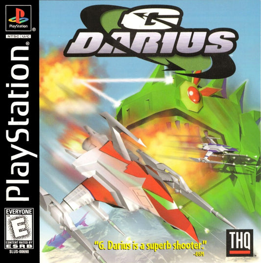 G Darius PlayStation PS1 for shoot em up video game fans featuring side scrolling arcade shooter gameplay intense space battles powerful laser weapons massive boss encounters strategic combat mechanics classic Taito action sci fi adventure challenging levels collectible gaming appeal front cover 