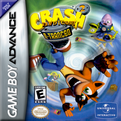 Crash Bandicoot N-Tranced game for the Game Boy Advance featuring side scrolling platformer gameplay with classic Crash mechanics including jumping spinning and crate breaking along with boss battles and levels involving mind control themed challenges cover art