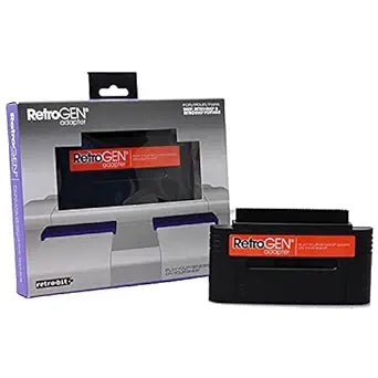 RetroGEN adapter cartridge converter for playing Sega Genesis games on Super Nintendo SNES consoles region-free gameplay complete in box CIB box and cartridge promo