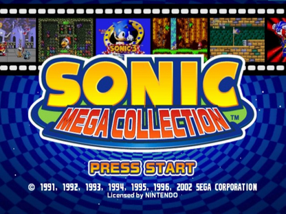 Sonic Mega Collection GameCube GC video game, classic Sonic the Hedgehog compilation, retro platformer collection, Nintendo GameCube title start screen 