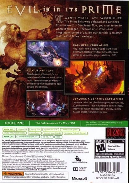 Diablo III back of case for Xbox 360 (X360) action role-playing video game