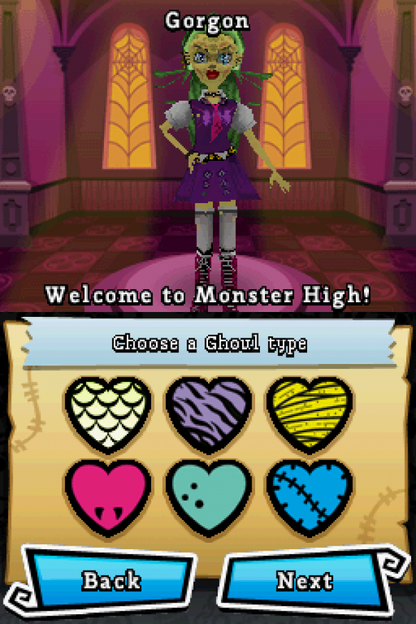 Monster High: Ghoul Spirit for Nintendo DS — a school-life adventure where you create your own ghoul, attend classes, complete tasks, build friendships with famous Monster High characters, and uncover spooky mysteries around the school character creation