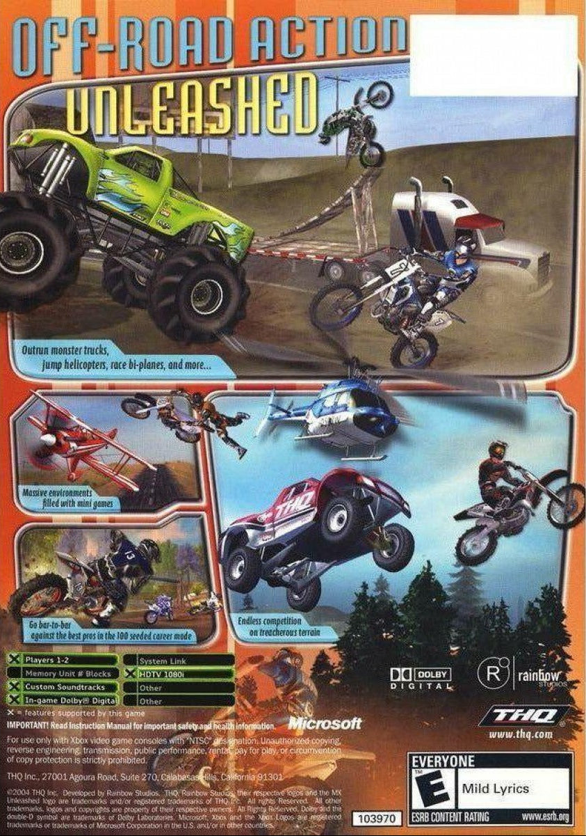 MX Unleashed Xbox off-road motocross racing video game Rainbow Studios THQ massive open environments freestyle tricks career mode nationals supercross events vehicle roster includes bikes ATVs monster trucks buggies golf carts stunt challenges track editor progressive difficulty realistic terrain physics dirt bike customization competitive AI multiple racing disciplines back cover