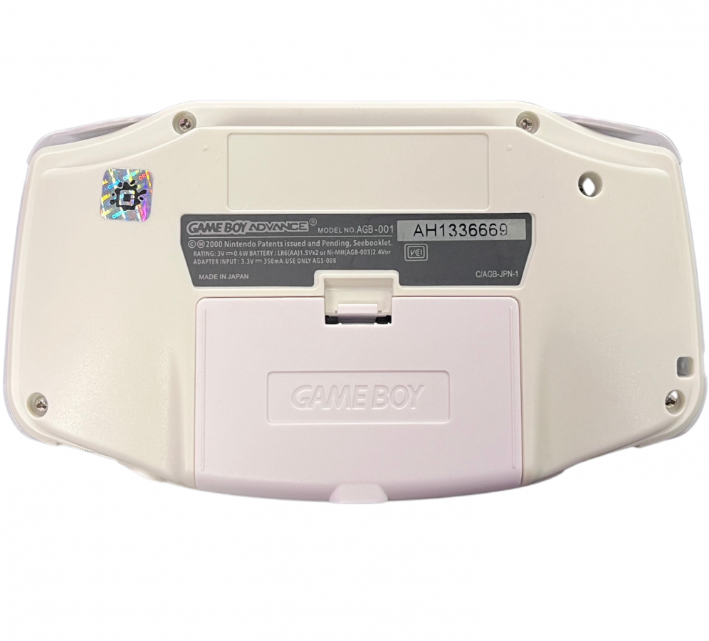Retro white Game Boy Advance IPS mod with USB C charging inspired design featuring custom Nintendo handheld gaming console aesthetic bright white shell backlit IPS display rechargeable battery upgrade modern USB C power retro gaming nostalgia presentation back