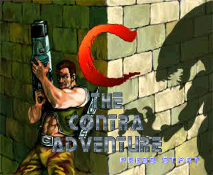 C The Contra Adventure PS1 PlayStation 1 run and gun action shooter platform game Contra series arcade style combat retro video game title screen