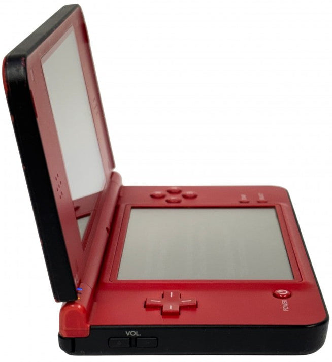 Nintendo DSi XL Mario 25th Anniversary Edition inspired design featuring collectible handheld gaming console aesthetic vibrant red finish Super Mario themed celebration edition oversized dual screens portable Nintendo entertainment iconic anniversary hardware presentation open side 