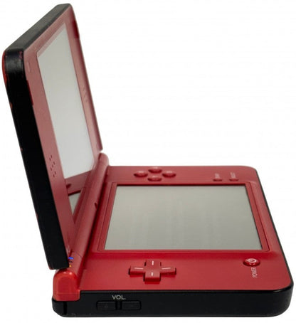 Nintendo DSi XL Mario 25th Anniversary Edition inspired design featuring collectible handheld gaming console aesthetic vibrant red finish Super Mario themed celebration edition oversized dual screens portable Nintendo entertainment iconic anniversary hardware presentation open side 