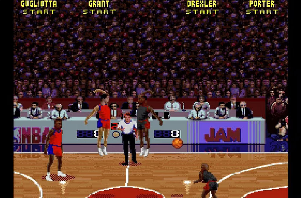 NBA Jam Super Nintendo Entertainment System SNES arcade basketball video game over the top two on two fast paced action turbo button flaming nets hang time dunks secret players multiplayer Midway 90s sports classic original arcade version gameplay screenshot