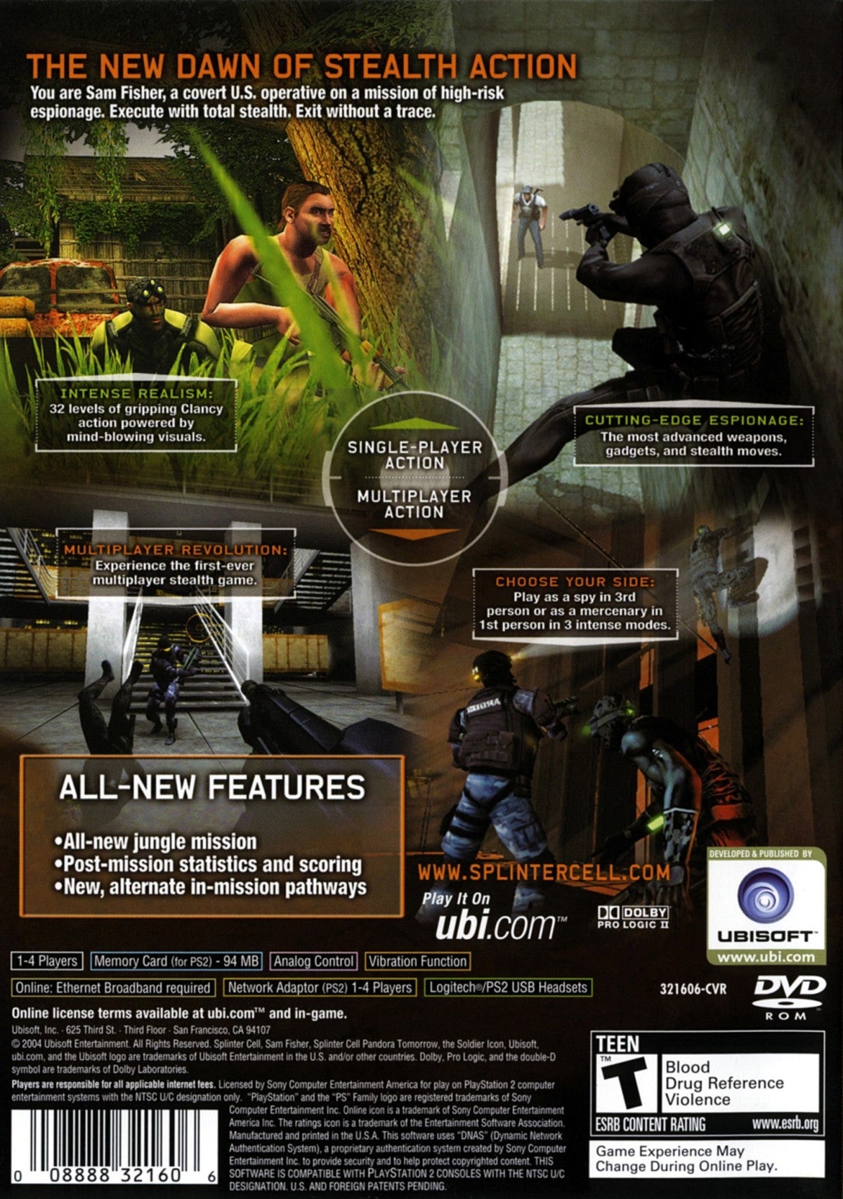 Tom Clancys Splinter Cell Pandora Tomorrow PS2 Sony PlayStation 2 stealth action game Ubisoft tactical espionage gameplay Sam Fisher infiltration stealth mechanics gadgets shadow movement third person stealth missions story driven retro gaming PlayStation 2 software video game title back cover art