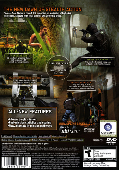 Tom Clancys Splinter Cell Pandora Tomorrow PS2 Sony PlayStation 2 stealth action game Ubisoft tactical espionage gameplay Sam Fisher infiltration stealth mechanics gadgets shadow movement third person stealth missions story driven retro gaming PlayStation 2 software video game title back cover art