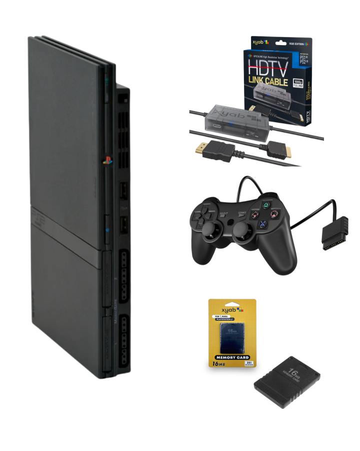 PS2 Slim console plug and play bundle Sony PlayStation 2 Slim gaming system complete set includes controller HDMI converter AV to HDMI upscaler cables power cord and memory card retro gaming console package ready to play setup PlayStation 2 hardware bundle video game system