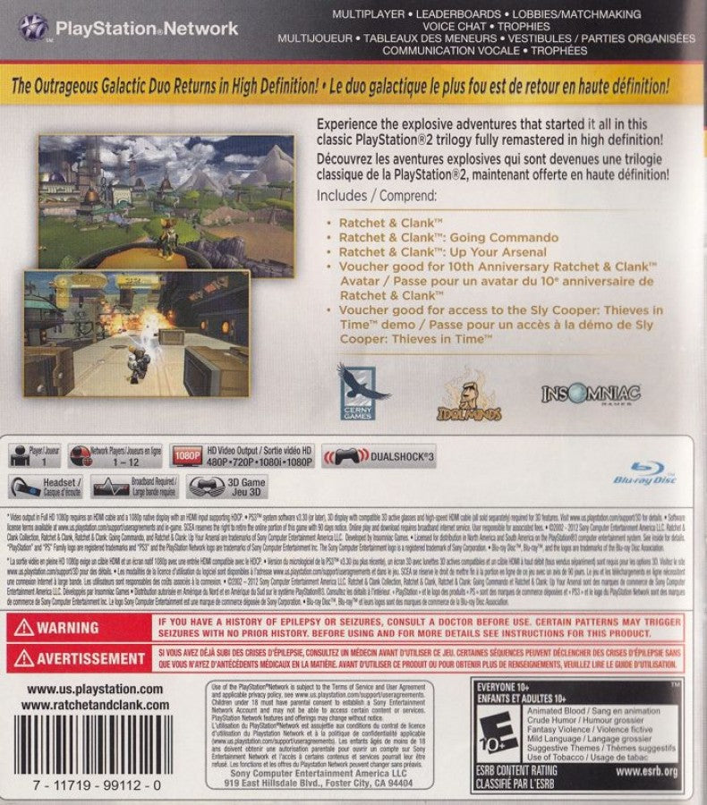 atchet & Clank Collection PlayStation 3 PS3 video game featuring action adventure platforming gameplay Ratchet and Clank characters colorful planets exploration weapon upgrades puzzle solving combat challenges and classic PlayStation gameplay retro video game collection collectible gaming appeal back cover art