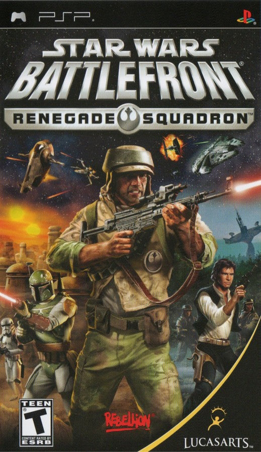Star Wars Battlefront Renegade Squadron PlayStation Portable PSP video game, third-person shooter, large-scale sci-fi battles, Star Wars franchise title front cover
