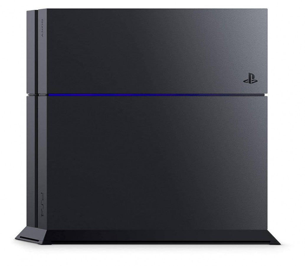 Vertical view of a matte black Sony PS4 console standing upright, showing the front face with power and eject buttons, disc slot, and logo.