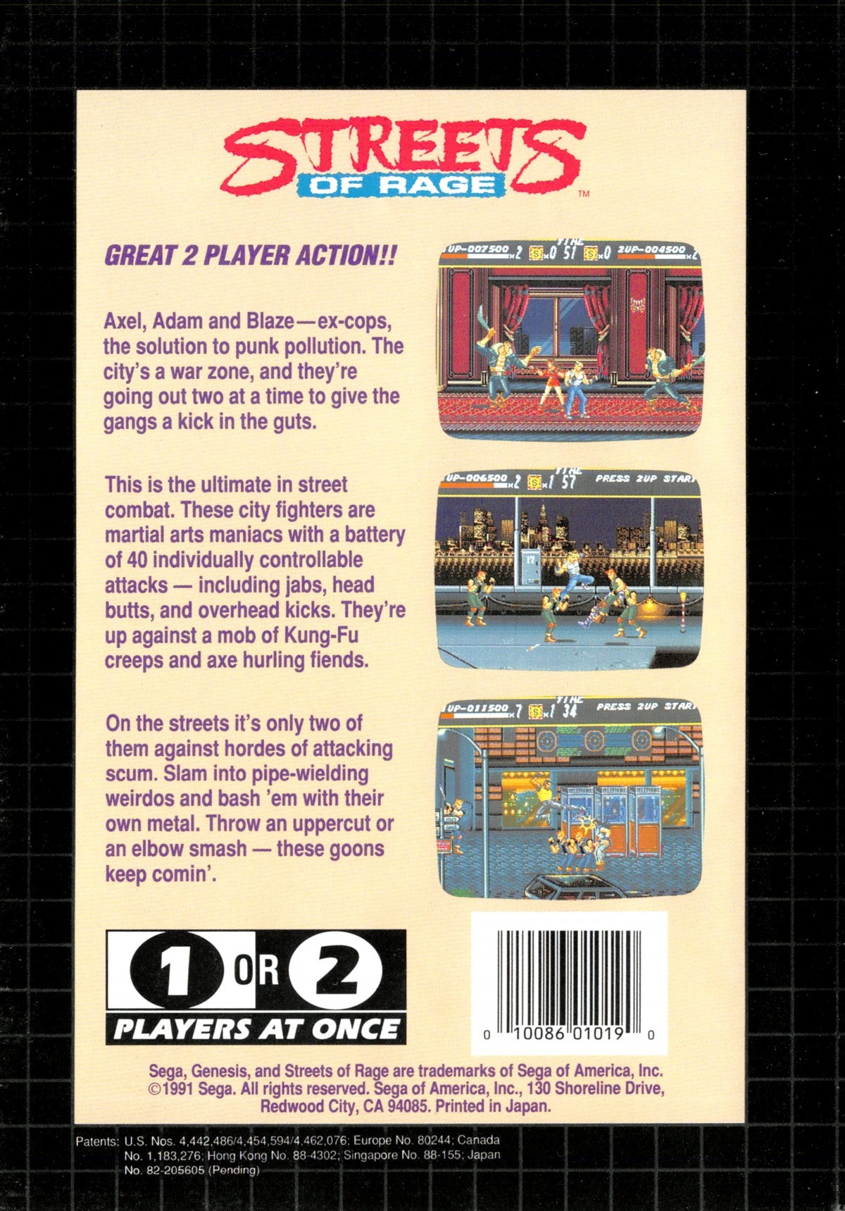 Streets of Rage back cover art for Sega Genesis (GEN) video game