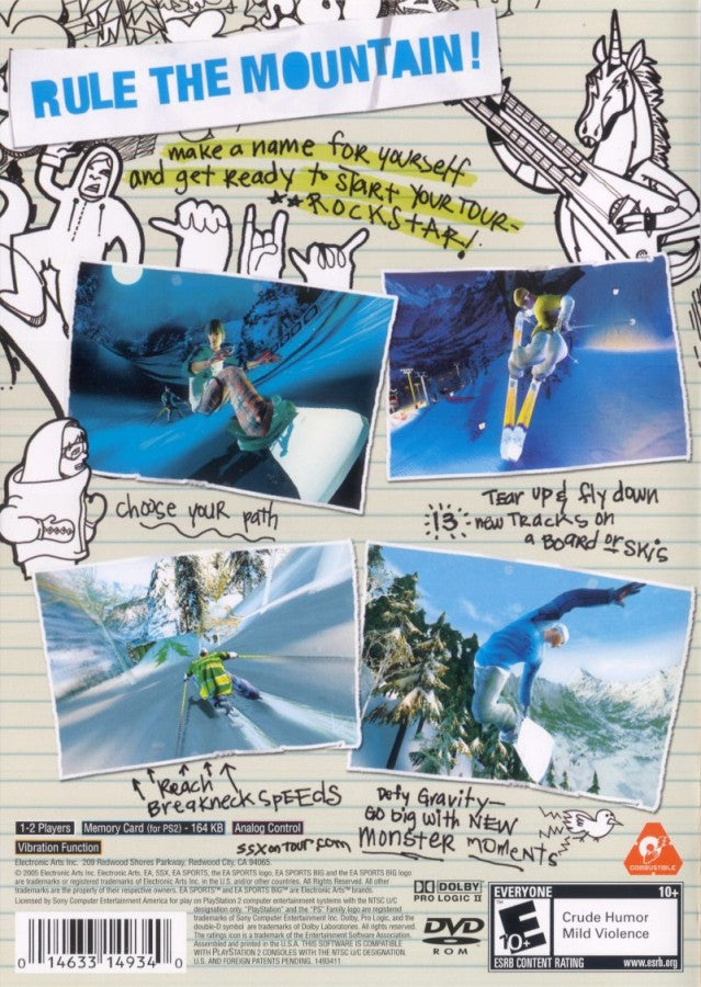 SSX On Tour retro PlayStation 2 video game featuring arcade snowboarding, downhill skiing, trick competitions and extreme sports multiplayer back of case