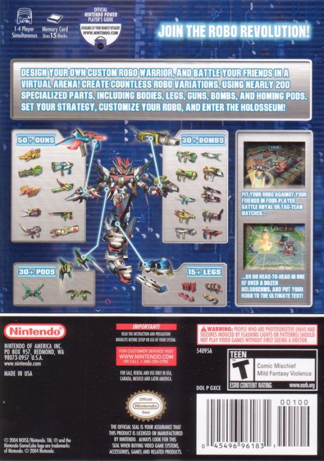 Custom Robo for GameCube, back of case for a sci-fi action fighting video game with customizable robots, arena battles, anime-style combat, and multiplayer mech gameplay
