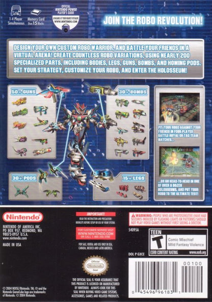 Custom Robo for GameCube, back of case for a sci-fi action fighting video game with customizable robots, arena battles, anime-style combat, and multiplayer mech gameplay