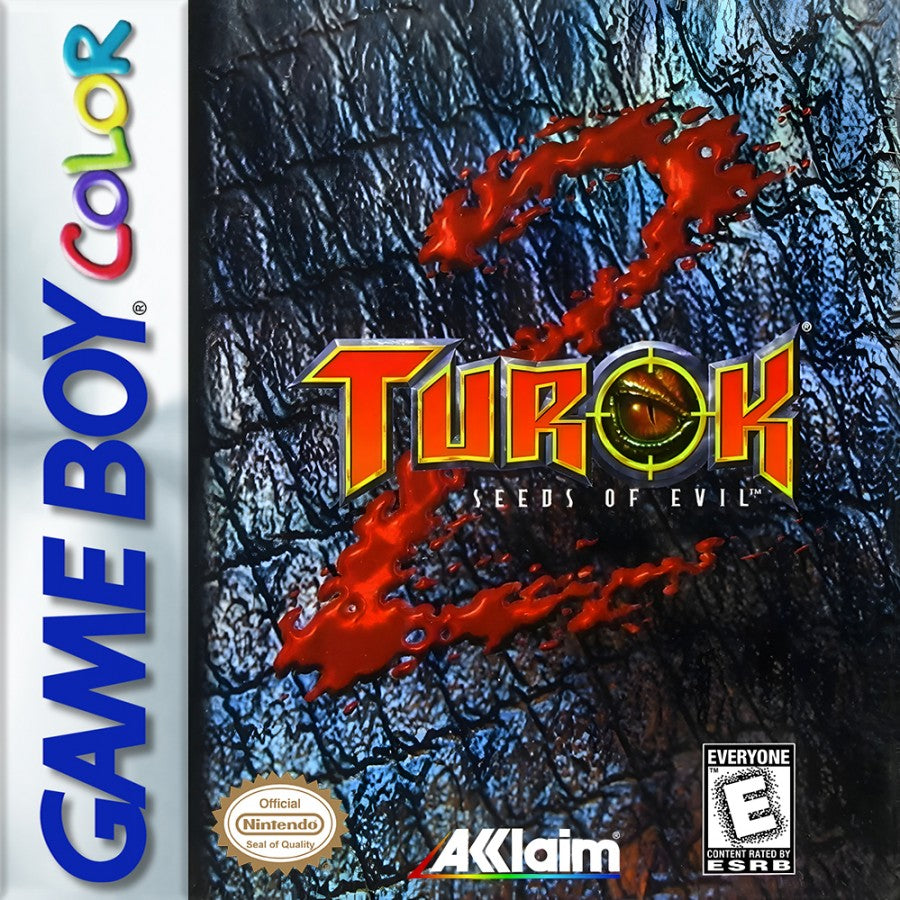 Turok 2: Seeds of Evil Nintendo Game Boy Color GBC for first person shooter retro video game fans featuring dinosaur hunting intense action sci fi environments powerful weapons expansive levels fast paced combat classic handheld gaming collectible gaming appeal front cover art