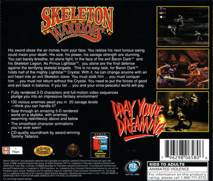 Skeleton Warriors PlayStation PS1 for action platforming video game fans featuring side scrolling combat fantasy adventure gameplay sword fighting supernatural enemies dark medieval environments challenging levels magical abilities animated visuals and classic PlayStation action adventure collectible gaming appeal back cover art
