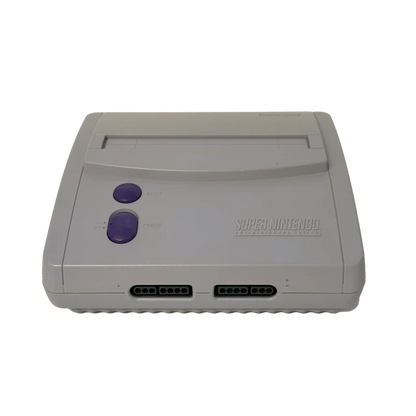 Front view of the Super Nintendo Entertainment System Jr. (SNES Jr.) console with compact rounded casing and two controller ports.