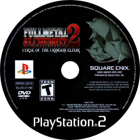 Retro Fullmetal Alchemist 2 Curse of the Crimson Elixir PS2 inspired design featuring anime action RPG aesthetic vintage PlayStation 2 alchemy powered combat Edward Elric Alphonse Elric fantasy steampunk adventure cinematic battles nostalgic anime game presentation disc