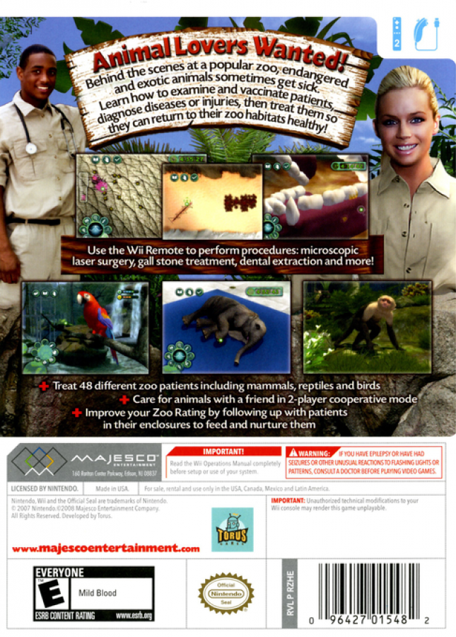 Zoo Hospital back cover art for Nintendo Wii (Wii) featuring veterinary simulation gameplay where players diagnose and treat exotic animals, manage a zoo clinic, and perform interactive medical procedures with motion‑based controls.