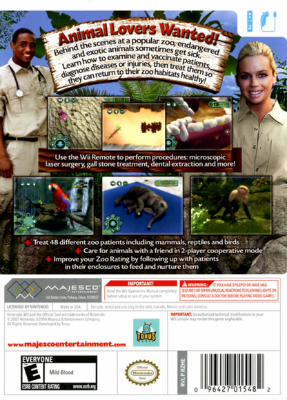 Zoo Hospital back cover art for Nintendo Wii (Wii) featuring veterinary simulation gameplay where players diagnose and treat exotic animals, manage a zoo clinic, and perform interactive medical procedures with motion‑based controls.