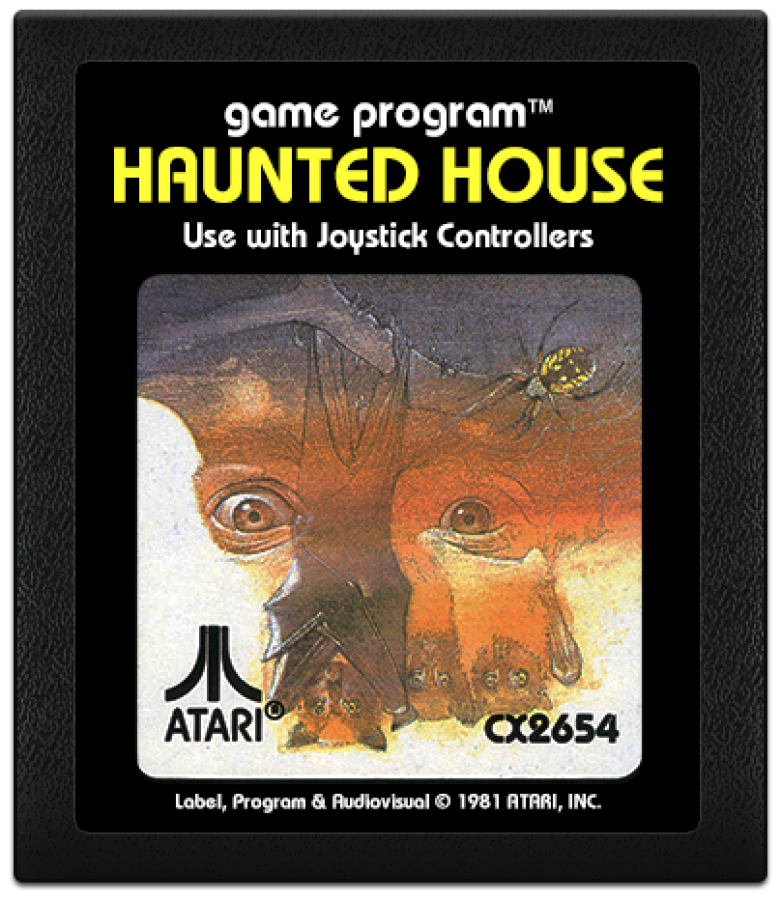 Haunted House retro Atari 2600 video game featuring horror adventure gameplay, maze exploration, ghost encounters and classic Atari console action - cartridge