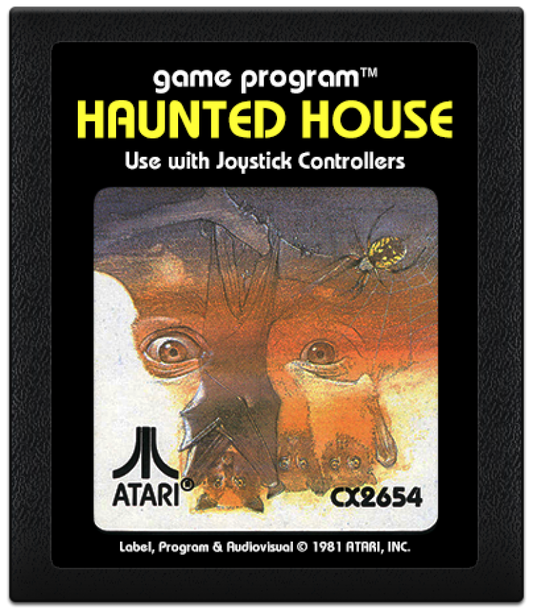 Haunted House retro Atari 2600 video game featuring horror adventure gameplay, maze exploration, ghost encounters and classic Atari console action - cartridge