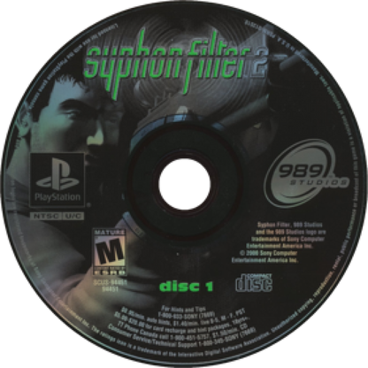 Syphon Filter 2 PlayStation 1 PS1 for third person action stealth video game fans featuring Gabe Logan and Lian Xing tactical missions espionage gameplay stealth objectives weapon combat enemy encounters cinematic storytelling and classic Sony PlayStation gaming collectible appeal disc 1