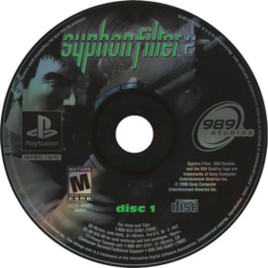 Syphon Filter 2 PlayStation 1 PS1 for third person action stealth video game fans featuring Gabe Logan and Lian Xing tactical missions espionage gameplay stealth objectives weapon combat enemy encounters cinematic storytelling and classic Sony PlayStation gaming collectible appeal disc 1