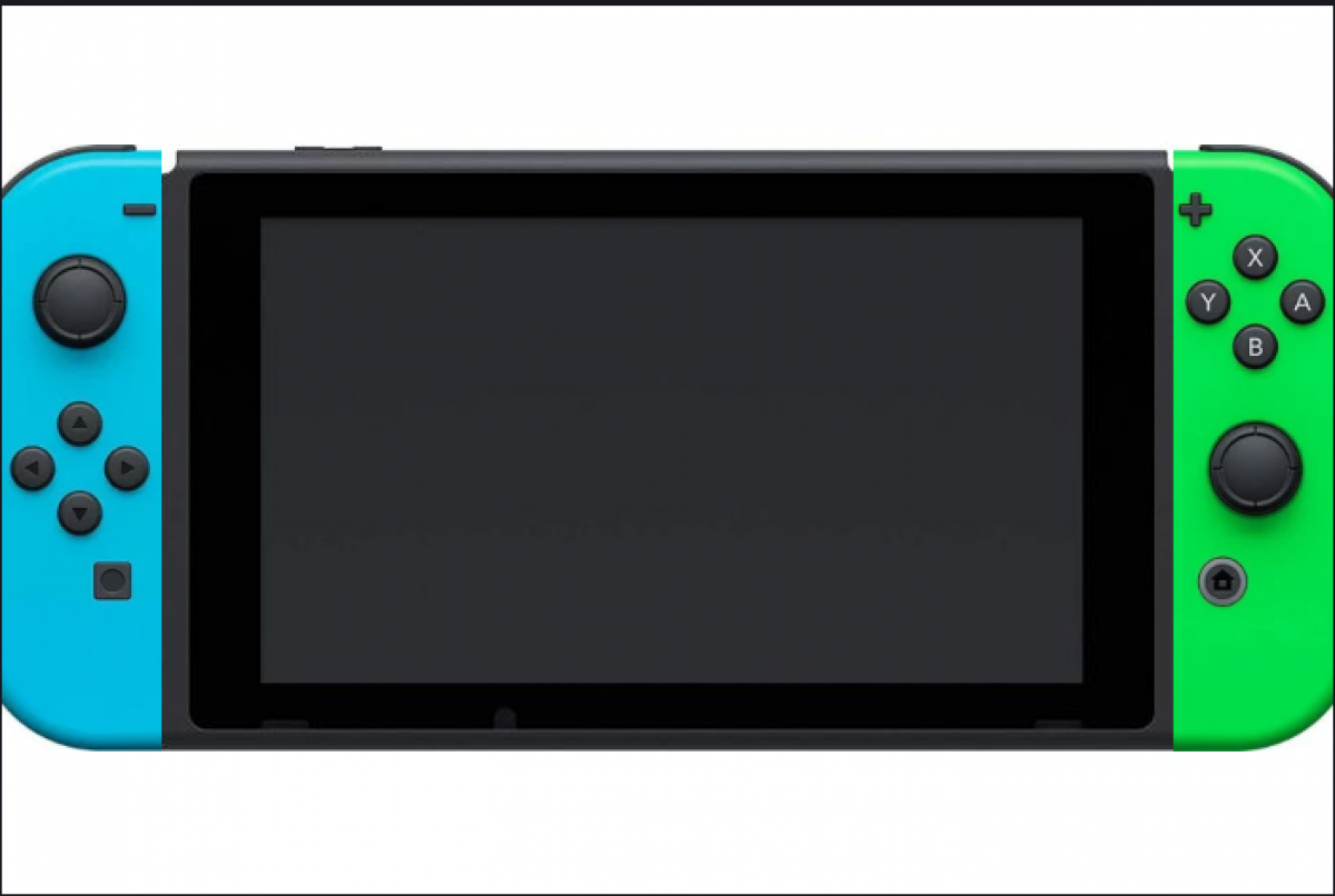 Front view of a Nintendo Switch console with mismatched Joy-Con controllers, the left in neon blue and the right in neon green.