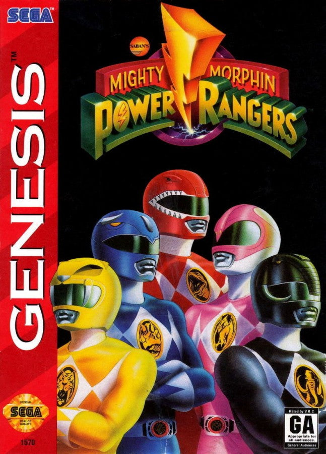 Mighty Morphin Power Rangers retro Sega Genesis video game featuring side scrolling action combat, superhero battles, cooperative gameplay and classic Genesis entertainment - cover art
