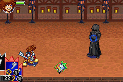Kingdom Hearts Chain of Memories for Game Boy Advance, gameplay for an action role-playing video game with card-based combat, real-time battles, character progression, and Disney-inspired storyline