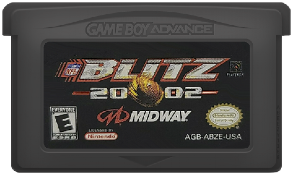NFL Blitz 2002 Game Boy Advance cartridge for retro video game featuring arcade style football gameplay, hard hitting tackles, fast paced matches, exaggerated sports action, and portable NFL competition on the GBA handheld system