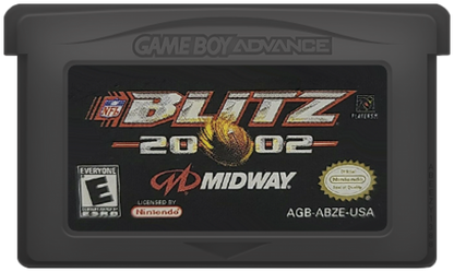 NFL Blitz 2002 Game Boy Advance cartridge for retro video game featuring arcade style football gameplay, hard hitting tackles, fast paced matches, exaggerated sports action, and portable NFL competition on the GBA handheld system