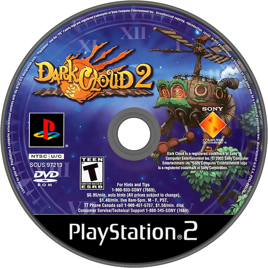 Dark Cloud 2 for PlayStation 2 action RPG adventure game featuring dungeon crawling weapon building town creation cel shaded fantasy story gameplay disc 