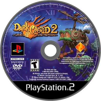 Dark Cloud 2 for PlayStation 2 action RPG adventure game featuring dungeon crawling weapon building town creation cel shaded fantasy story gameplay disc 