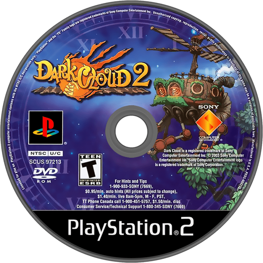 Dark Cloud 2 for PlayStation 2 action RPG adventure game featuring dungeon crawling weapon building town creation cel shaded fantasy story gameplay disc 