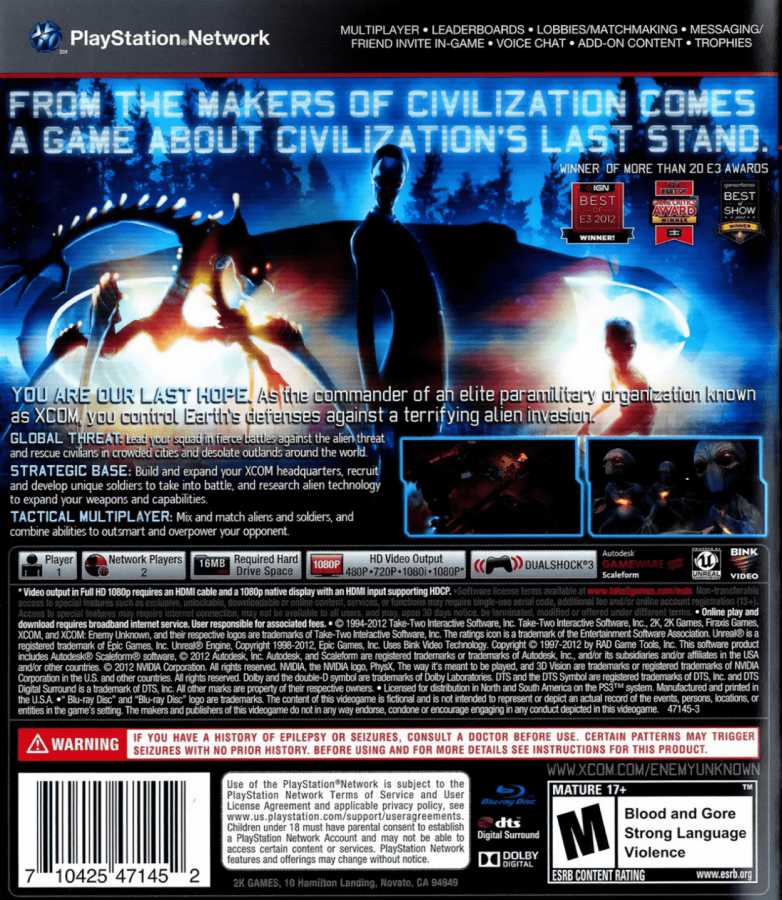 XCOM: Enemy Unknown back cover art for PlayStation 3 (PS3) video game