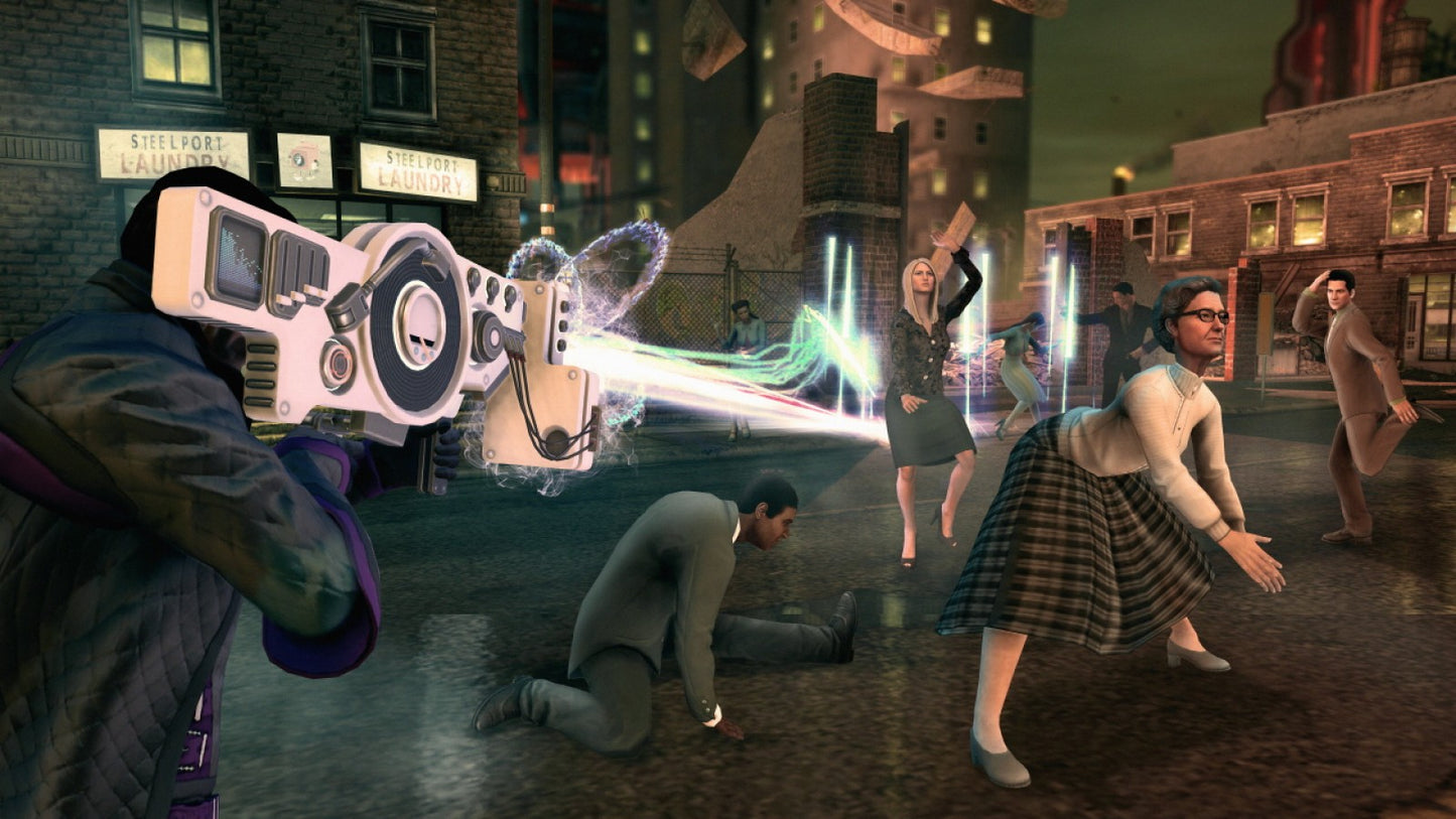Saints Row IV ReElected Nintendo Switch inspired design featuring over the top open world action adventure aesthetic superhero style abilities chaotic sandbox gameplay alien invasion storyline comedic tone explosive combat and parody driven narrative presentation gameplay = 