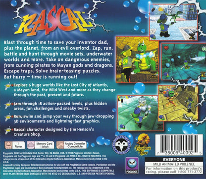 Rascal 3D platformer video game for the original Sony PlayStation (PS1), featuring the mischievous time-traveling hero Rascal as he uses his bubble gun to battle enemies, explore different time periods, solve puzzles, collect items, and rescue his kidnapped inventor father across medieval castles, Atlantis, pirate ships, prehistoric worlds, the Wild West, and the Time Dimension back cover art
