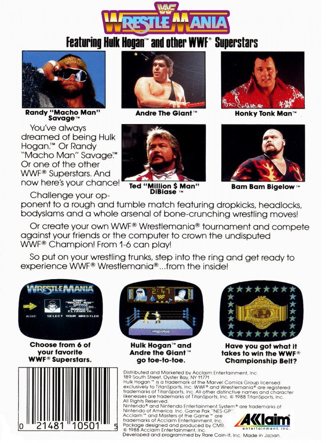 WWF WrestleMania Nintendo Entertainment System NES video game featuring professional wrestling gameplay WWF superstars wrestling matches signature moves grappling attacks competitive bouts arena action and classic 8 bit Nintendo sports entertainment gameplay retro video game collection collectible gaming appeal back cover art