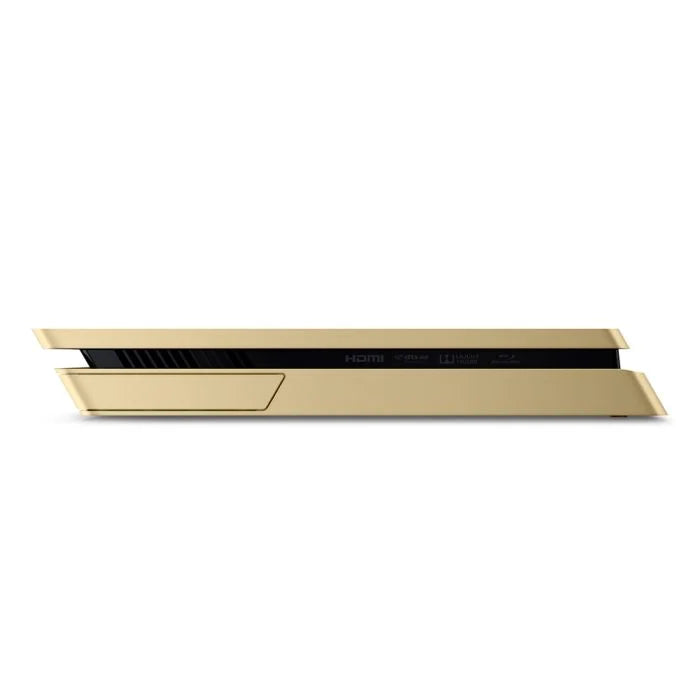 PlayStation 4 PS4 Slim Gold console featuring sleek limited edition gold finish 1TB storage Blu ray gaming HDR support Wi Fi connectivity wireless DualShock 4 controller compatibility immersive gaming and entertainment system collectible gaming appeal