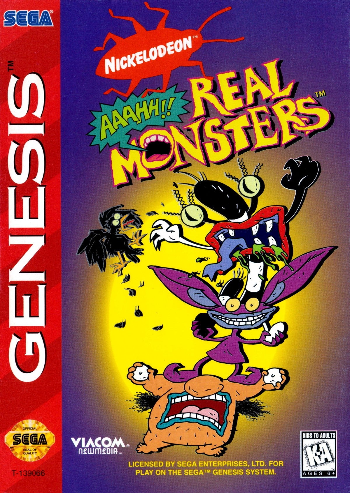 Aaahh Real Monsters Sega Genesis for retro video game enthusiasts featuring side scrolling action platforming gameplay Nickelodeon cartoon inspired characters monster themed adventures puzzle solving colorful levels cooperative style gameplay and collectible gaming appeal front cover