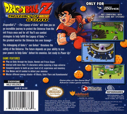 Dragon Ball Z: The Legacy of Goku Nintendo Game Boy Advance GBA for action role playing retro video game fans featuring anime inspired battles Super Saiyan combat character progression iconic Dragon Ball Z story powerful enemies classic handheld gaming collectible gaming appealback of case