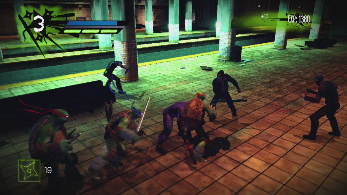 TMNT Xbox 360 inspired design featuring Teenage Mutant Ninja Turtles action adventure aesthetic fast paced ninja combat sewer dwelling heroes acrobatic platforming comic book style visuals cooperative gameplay nostalgic HD era presentation gameplay 